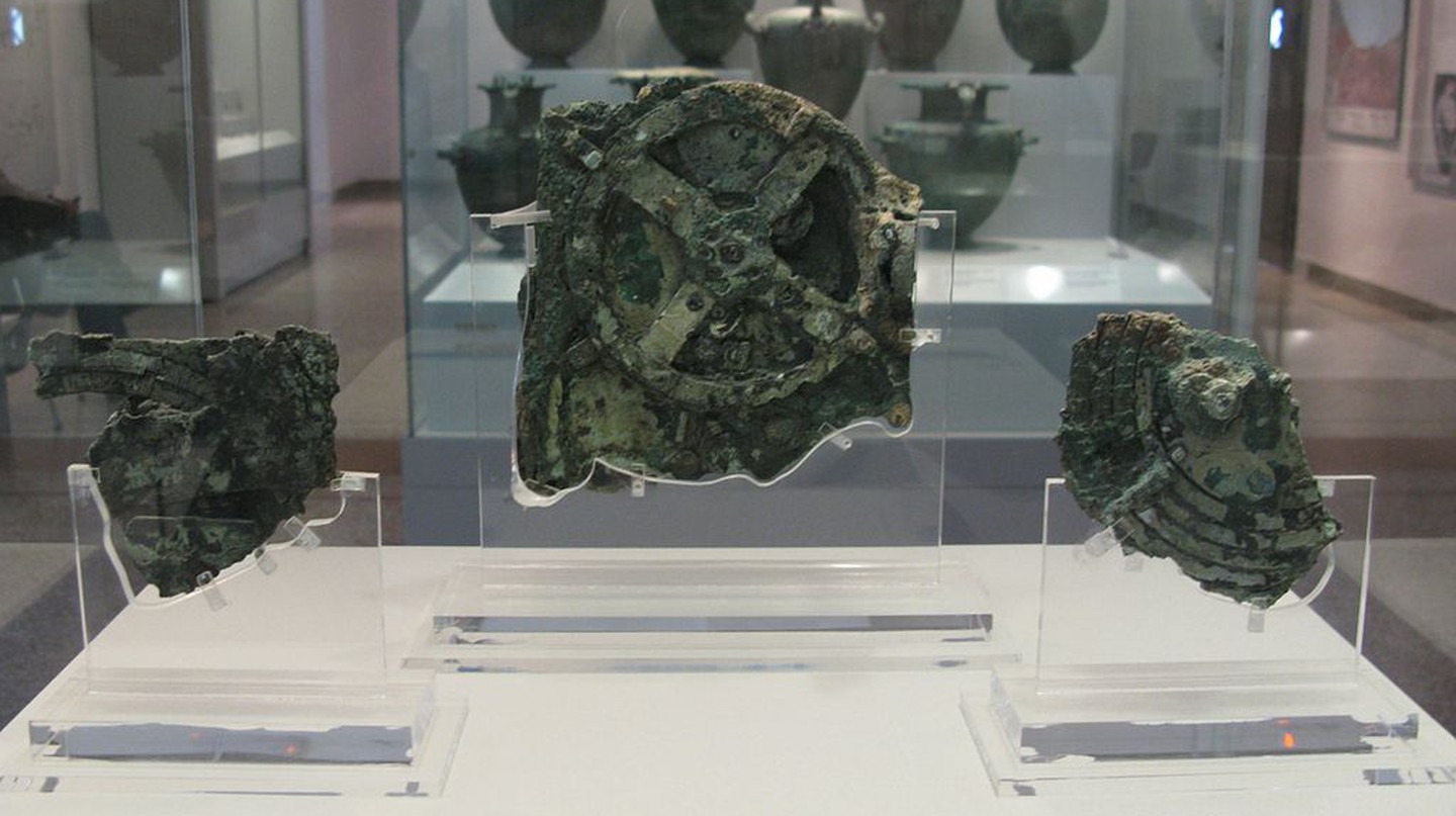 Image of the Antikythera mechanism on display at the National Archaeological Museum in Athens, Greece